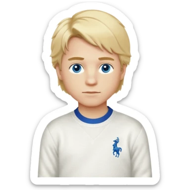 Create a look for a blond boy with long, tousled hair, light eyes, a white sweater, a wealthy appearance, blue eyes, a
nd accessories like a Rolex or Cartier watch, and a cute face with messy hair down. blue eyes + polo ralph lauren and the hair to the side sticker