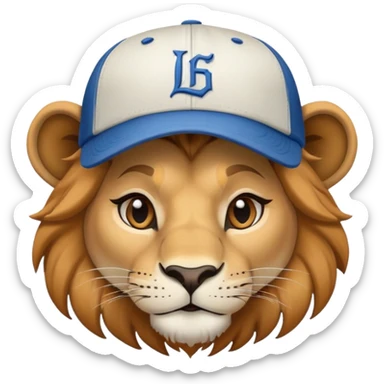 confident female lion head and shoulders wearing a baseball cap sticker