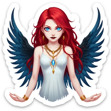 half body portrait of an extremely diabolical girl with massive towering wings, very long flowing blood red hair, glowing blue eyes, black hellfire aura, no horns, evil grin, gold necklace sticker