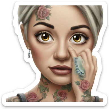 Hyper Realistic Beautiful tattooed woman crying holding a photo  sticker