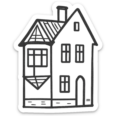 Icon of a house in Kaliningrad, hand drawn, black outlines, no fill, simple and clean, side view sticker