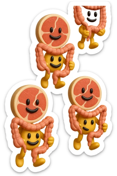emoji stile iphone in 3d di fette di carne che cadono verticalmente dall'alto tenendo tra le mani pezzi di colon umano, iperrealistico 4k sticker