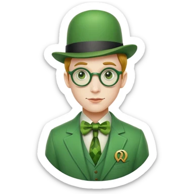 The Riddler villain from Batman with green suit, question mark symbols, bowler hat sticker