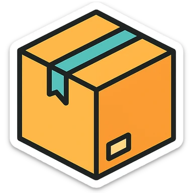 a cardboard box with one side showing, slightly stylized, clean lines sticker