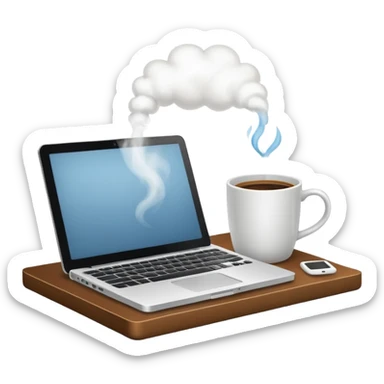 Open laptop on a desk next to a single steaming coffee mug sticker