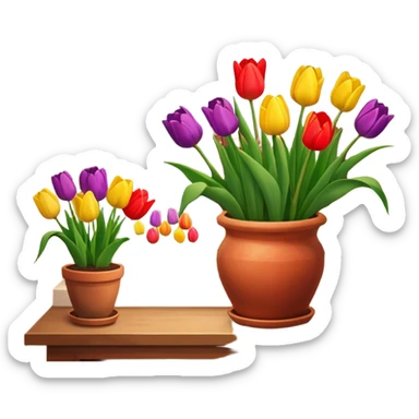 Clay pot with tulips on windowsill sticker