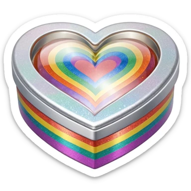 3D isolated, rendering, 8k resolution, 1x1, 8000x8000 pixels, transparent background, no emoji faces, Heart shaped box wrapped in silver metallic paper with 3D appearance rainbow prismatic effect glitter cute cute sticker
