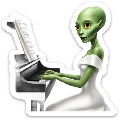a Reptilian alien woman, play a piano, in white elegant dress sticker