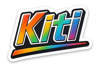 The name 'Kitti' in modern, precise Hungarian letters with a rainbow gradient fill, extra thick white letter outline, dark contour, transparent background, dynamic slanted underline, in the style of the reference samples. sticker