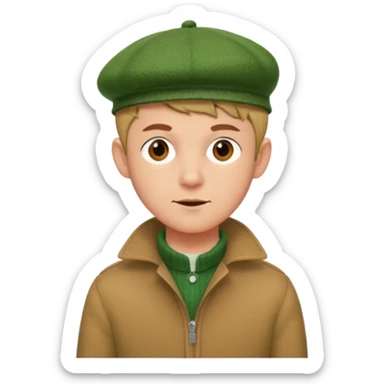 young man with pixie cut, green wool hat, tan jacket and pork chop sideburns sticker