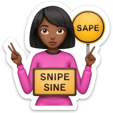 Dark skin woman with black bob in hair holding sign that says snipe  wearing pink outfit  sticker