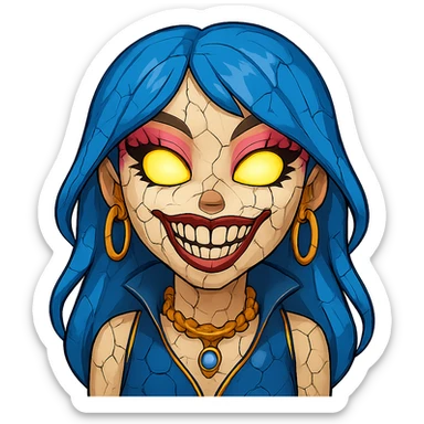 Add cracked porcelain effect to the emoji, keep glowing eyes, creepy gyaru style, blue hair, pretty makeup, bratz baddie vibe, emoji style, with no background. sticker