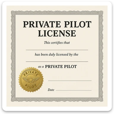 formal private pilot license design with a gold seal and official typography sticker