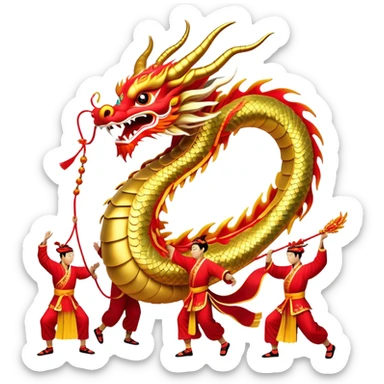 Cinematic Realistic scene of a Chinese Dragon Dance featuring performers energetically holding a vibrant dragon model aloft, with intricately detailed scales and dynamic flowing costumes, illuminated by festive red and gold lighting that captures the spirit of celebration. sticker