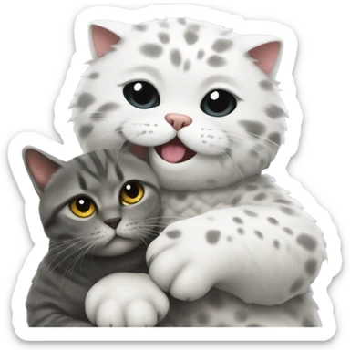 Godzilla is cuddling a cat, a Scottish Fold, fluffy, white with gray spots sticker
