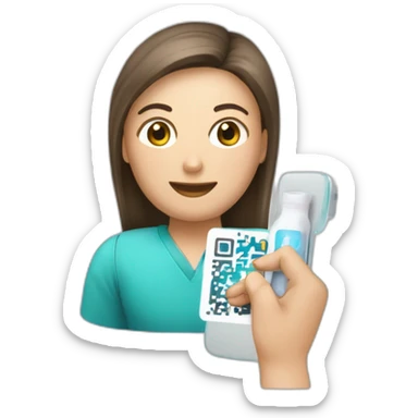 Un emoji di una persona comune che con uno smartphone scansiona un codice QR da un flacone di medicinale. sticker