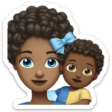 White mother with dark brown hair and blue eyes holds mixed baby with dark brown curly hair sticker