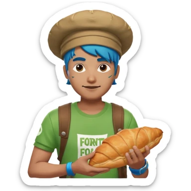 a man with green fortnite tshirt indian he has a cool hat and has a crousant with blou flesh sticker