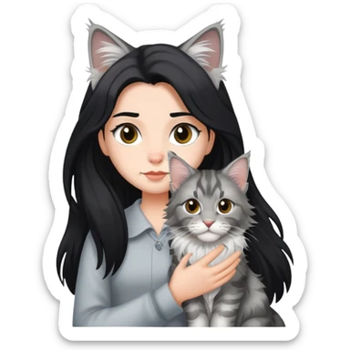 a silver based Maine Coon cat holding a black hair girl sticker