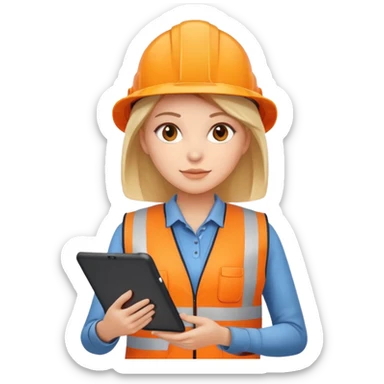 worker woman wearing orange west holding a tablet sticker