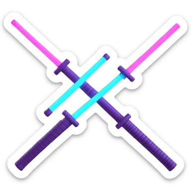 a pair of crossed lightsabers, one glowing pink purple and the other neon blue, vibrant and dynamic, realistic emoji style sticker