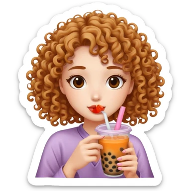 girl with curly hair drinking boba tea sticker