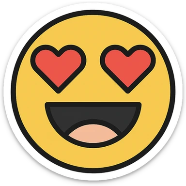 goofy smiley face with heart eyes, modern icon style, clean and minimalistic, bold lines, simple shapes, colorful sticker