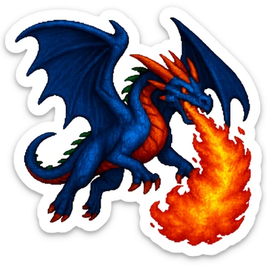 Add a dramatic fiery breath effect to this flying blue dragon, keep the style of the original image, no background. sticker