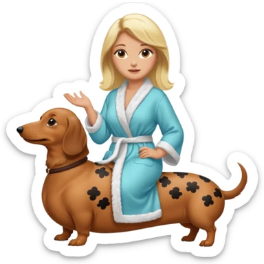 A blonde curvy woman riding on top of a dachshund wearing a robe sticker