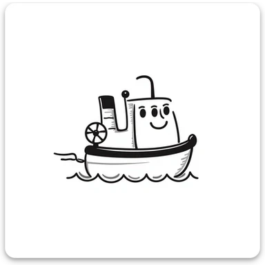 A hand-drawn toy paddleboat with a grinning face and little spinning wheels sticker