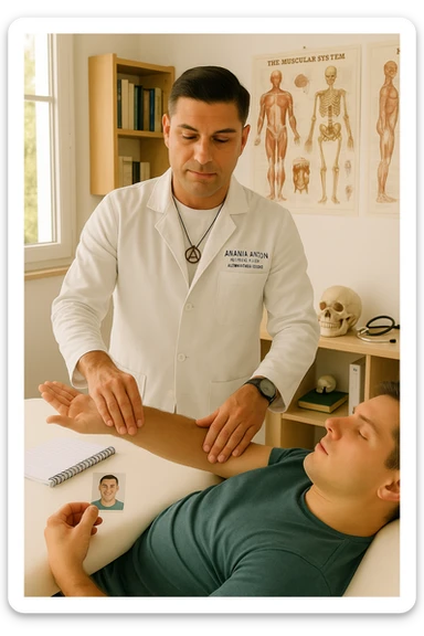 a middle-aged man, dressed in casual professional attire, is in a bright, organized therapy studio. Durante una visita di kinesiologia, il praticante tiene con una mano la foto di una persona lontana (il “testimone”) appoggiata su un tavolo, mentre con l’altra mano esegue un test muscolare su un cliente presente. Sullo sfondo si vedono libri di kinesiologia, poster anatomici e strumenti tipici della disciplina. L’atmosfera è concentrata e serena, con luce naturale che entra dalla finestra, sottolineando l’aspetto alternativo e umano della pratica. sticker