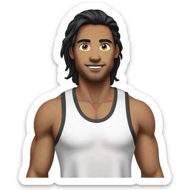 26 year old man with black long hair, wearing EarPods, in running clothes sticker