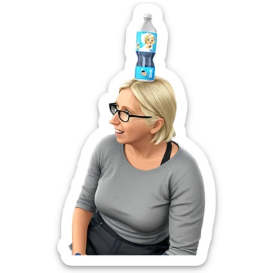 blonde girl sitting with bottle sticker