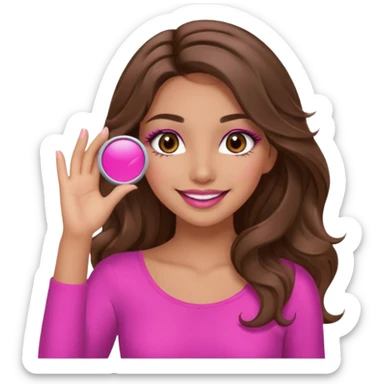 girl with long wavy brown hair, brown eyes, long lashes makeup, sexy pink lips, light to medium complexion, pink sexy top, smiling, hand covering eyes sticker
