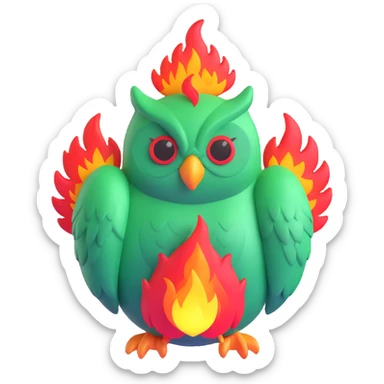 Duolingo green owl mascot with fire flames sticker