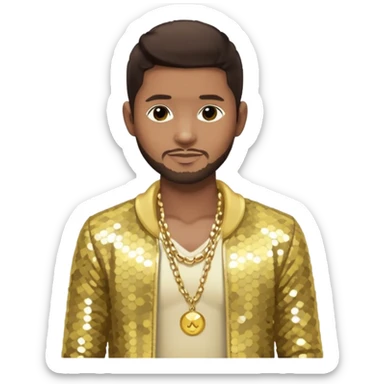 Usher with dark brown hair, pale yellow sequin jacket, shirtless with necklace  sticker