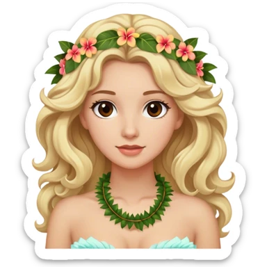 Blonde model with brown eyes, medium-length soft curls, luxury honeymoon in Hawaii sticker