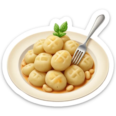 Gnocchi Cinematic Realistic Gnocchi Dish Emoji, depicted as tender potato dumplings garnished with iconic fork marks on top, rendered with soft textures and warm, inviting lighting. sticker