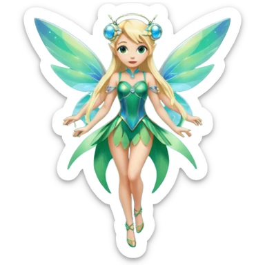 Isolated, 3D rendering, Tinkerbell with futuristic cyberpunk style and colors, ultra detailed wings, flying by the quarter shaped, blue iridescent whimsical moon, blonde long shiny hair,  emerald jewel green eyes, in a one piece dress, full body view. Not holding anything in hands  sticker