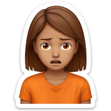 25 year old woman in orange shirt, she looks like she is in pain. She has brown hair sticker