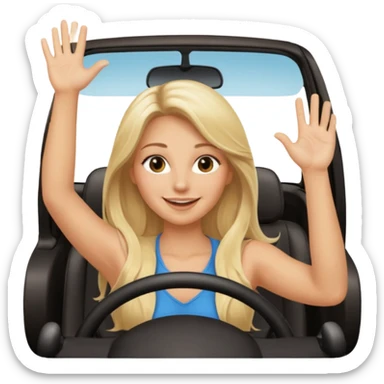 blonde long hairwoman driving car. one hand up Happy face confidence sticker