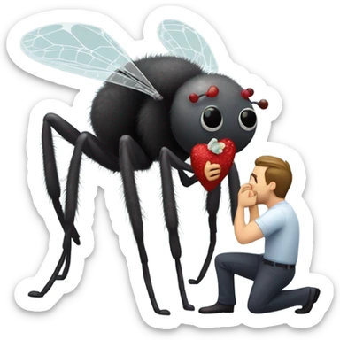A fly is kneeling on one knee with a wedding ring to propose to his girl friend, a big fuzzy spider that is ready to eat the fly, but in a loving way sticker