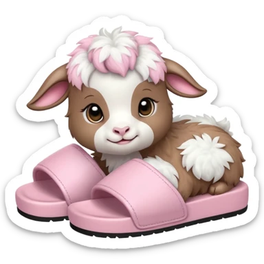a baby goat emoji wearing pastel pink chunky slides sticker