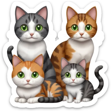 4 different coloured small cats including a dark grey and white, and a patchy calico, and a brown tabby and white,  and a completely solid dark grey with green eyes and only white paws sticker