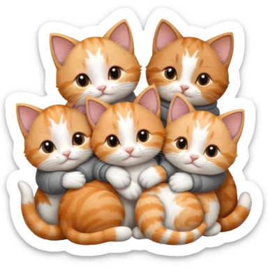 6 tiny kittens cuddling together all various different natural colours including solid grey with white mittens, grey and white, ginger and white, calico, and brown and white sticker