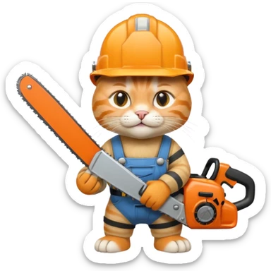 a cat in a construction helmet holds a chainsaw in his hands sticker