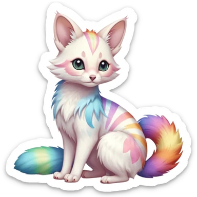  cute adorable pastel-iridescence-gradients albino fur with random colorful iridescent rainbow markings beautiful elegant pretty precious cute  Fakémon-Pokémon-opossum-feline-serval-caracal-chinchilla-Minccino-hybrid-creature with a big fluffy bushy striped tail (full body) sticker