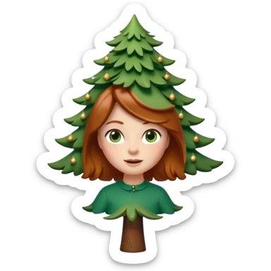 Style memoji iphone. Un petit sapin vert sylvestre, féminin, regard malicieux, tâches de rousseurs délicates, joues roses. Yeux de biche brillants en forme amande, yeux couleur ambre, tronc couleur acajou. Sapin en mouvement, incurvé pour un effet vivant. sticker