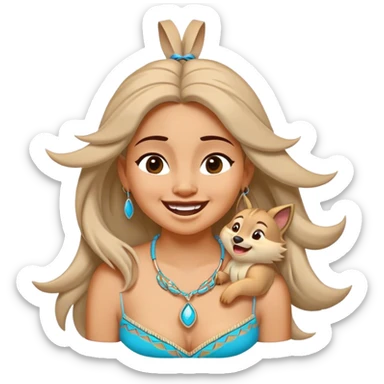 Cinematic Adorable Pocahontas Portrait Emoji, Laughing softly as Meeko tugs at her necklace, hair tousled in the wind, eyes full of warmth, a carefree spirit shining through, capturing the essence of beauty and playfulness! sticker