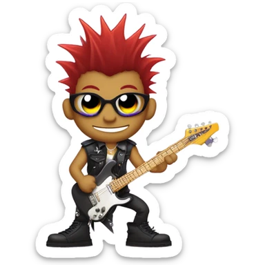 "Purple-skinned punk rock character with red mohawk hair, a mischievous grin, and edgy style. Holding a spiky electric guitar, wearing leather cuffs, ripped clothes, and fishnet stockings. Background is simple or transparent." sticker